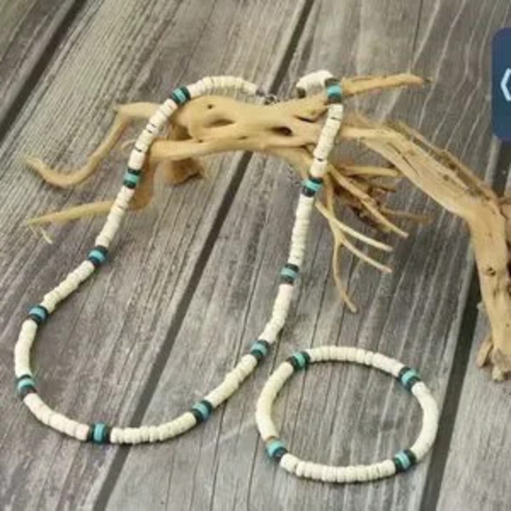 2Pcs Wooden Beaded Bracelet Necklace Set Men Natural Coconut Shell boho